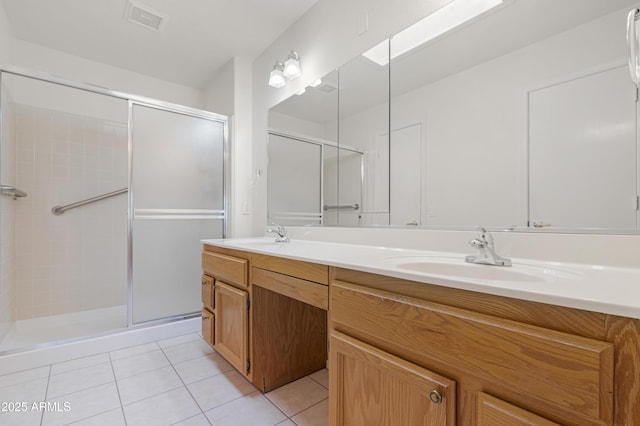 bathroom featuring tile patterned flooring, visible vents, a sink, a stall shower, and double vanity