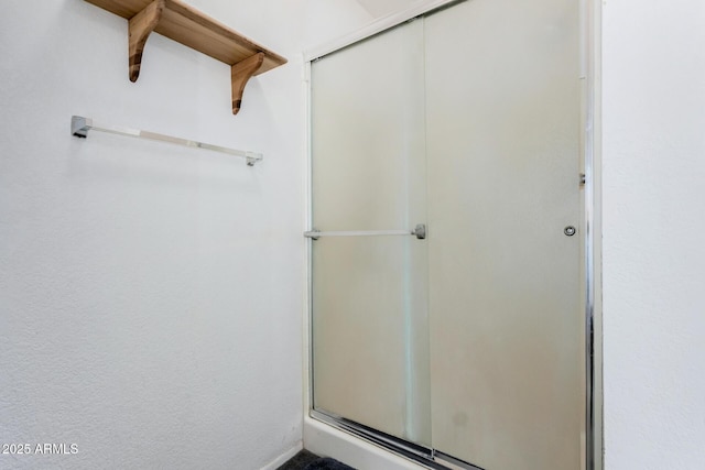 bathroom with a shower with shower door