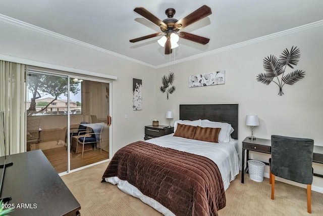 bedroom featuring crown molding, ceiling fan, carpet floors, and access to exterior