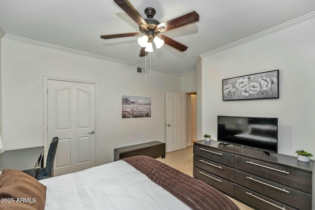 bedroom with light carpet, ceiling fan, visible vents, and crown molding