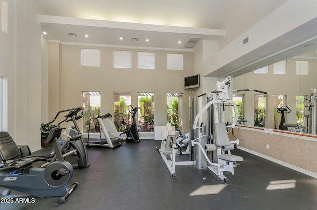 workout area featuring a healthy amount of sunlight, baseboards, and visible vents