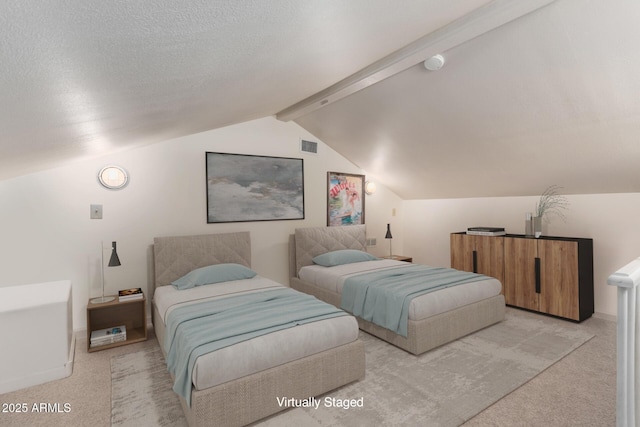 carpeted bedroom featuring vaulted ceiling with beams and a textured ceiling