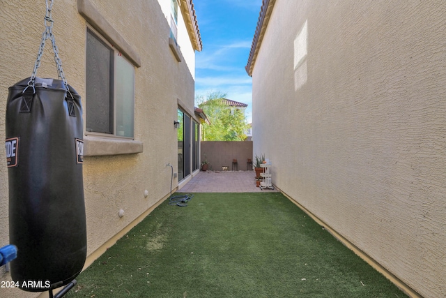 view of home's exterior featuring a lawn and a patio area