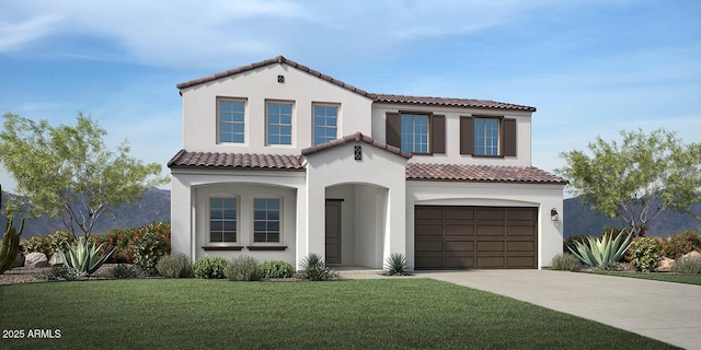 mediterranean / spanish house with driveway, a garage, a tile roof, a front lawn, and stucco siding