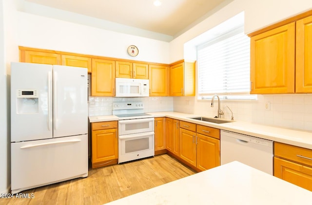 kitchen with backsplash, light wood-type flooring, white appliances, and sink