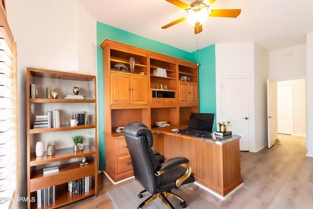 office area featuring ceiling fan and light hardwood / wood-style flooring