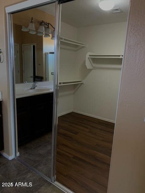 walk in closet featuring dark wood-style floors and a sink