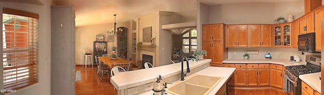 1181 S Cherokee Dr, Show Low, AZ 85901 - kitchen with stainless steel appliances, a sink, wood finished floors, a chandelier, and glass insert cabinets
