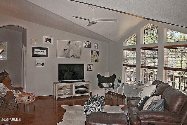 1181 S Cherokee Dr, Show Low, AZ 85901 - living area featuring arched walkways, ceiling fan, lofted ceiling, wood finished floors, and baseboards
