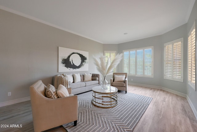 living room with crown molding and hardwood / wood-style floors