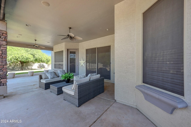 view of patio featuring an outdoor hangout area and ceiling fan