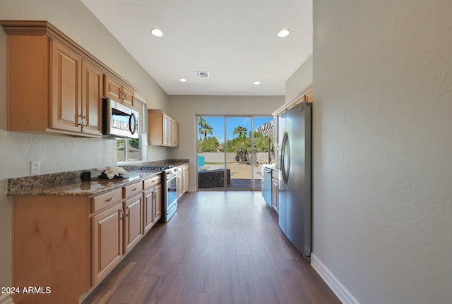 kitchen with dark wood-type flooring, appliances with stainless steel finishes, and dark stone counters