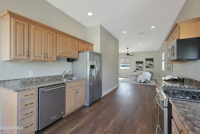 kitchen featuring sink, dark hardwood / wood-style flooring, appliances with stainless steel finishes, light stone counters, and ceiling fan