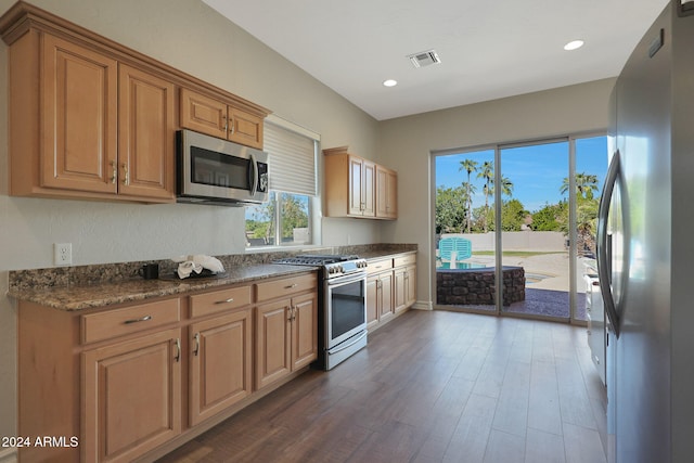 kitchen featuring dark stone countertops, stainless steel appliances, and dark hardwood / wood-style floors