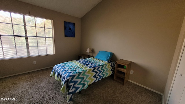 bedroom with dark colored carpet and lofted ceiling