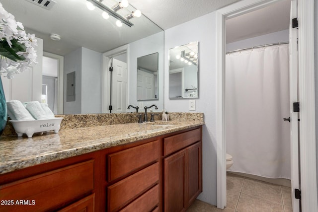 8500 E Indian School Rd Unit 233, Scottsdale, AZ 85251 - full bath featuring electric panel, toilet, vanity, tile patterned flooring, and a shower with curtain