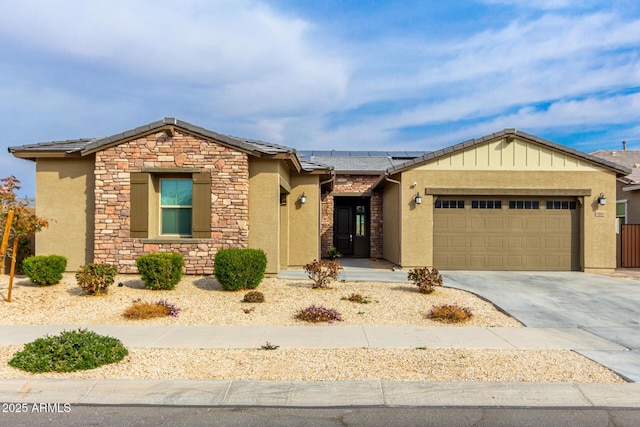 single story home featuring a garage and solar panels