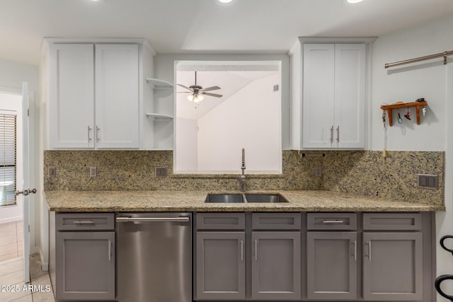 1425 E Commerce Ave, Gilbert, AZ 85234 - kitchen with dishwasher, open shelves, a sink, and gray cabinetry