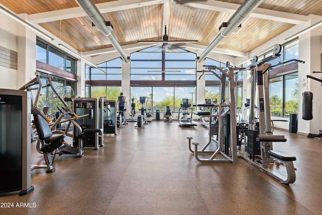 workout area featuring high vaulted ceiling, wooden ceiling, and ceiling fan