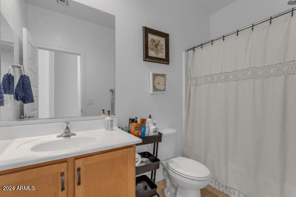 bathroom with a shower with curtain, toilet, and vanity