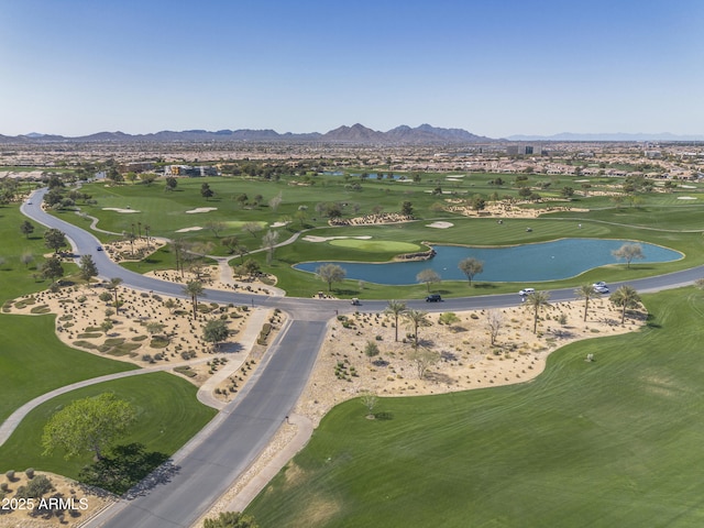 aerial view featuring a water and mountain view and golf course view