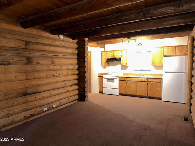 kitchen with white appliances, light colored carpet, log walls, and beamed ceiling