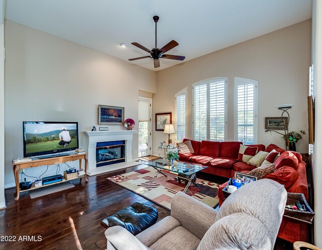 living room with ceiling fan and hardwood / wood-style flooring