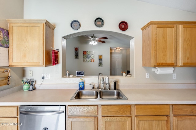 12318 W Bloomfield Rd, El Mirage, AZ 85335 - kitchen featuring dishwasher, a sink, ceiling fan, and light brown cabinetry