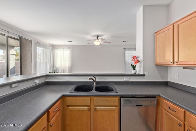 kitchen featuring ceiling fan, plenty of natural light, dishwasher, and sink