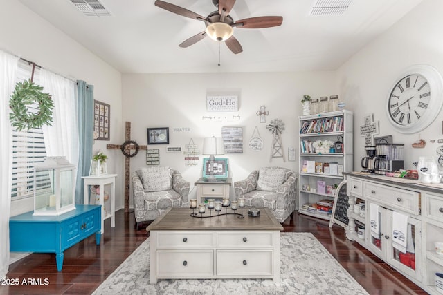 home office featuring dark wood-style floors, visible vents, and ceiling fan