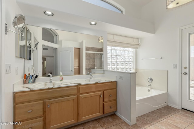 20424 N 96th Ln, Peoria, AZ 85382 - full bathroom with a shower stall, double vanity, a bath, and tile patterned flooring