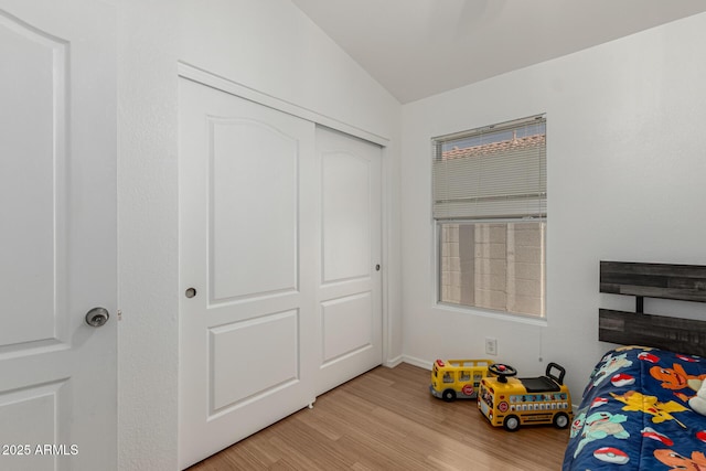 20424 N 96th Ln, Peoria, AZ 85382 - bedroom featuring lofted ceiling, wood finished floors, a closet, and baseboards
