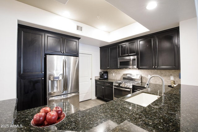kitchen featuring appliances with stainless steel finishes, a sink, dark stone countertops, tasteful backsplash, and a raised ceiling