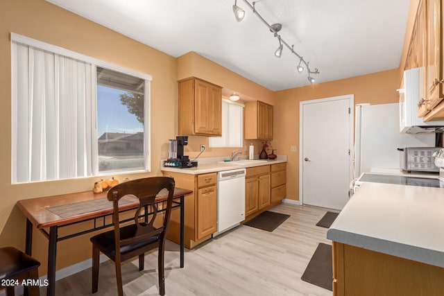 kitchen with white dishwasher, sink, light hardwood / wood-style flooring, and range