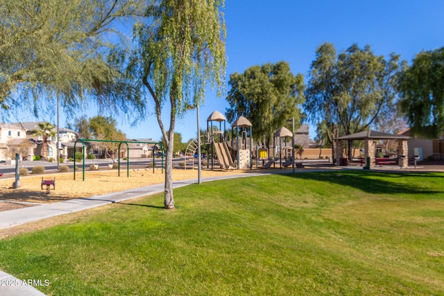 view of play area with a gazebo and a yard