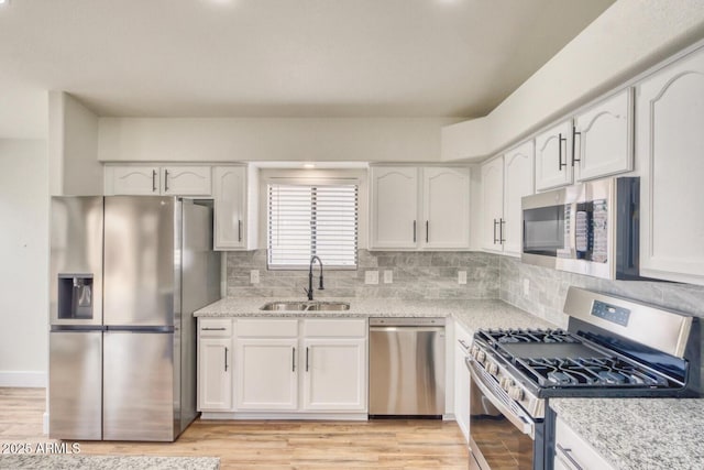 kitchen featuring backsplash, sink, white cabinetry, and appliances with stainless steel finishes