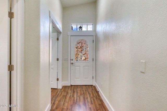 doorway to outside with hardwood / wood-style flooring and a high ceiling