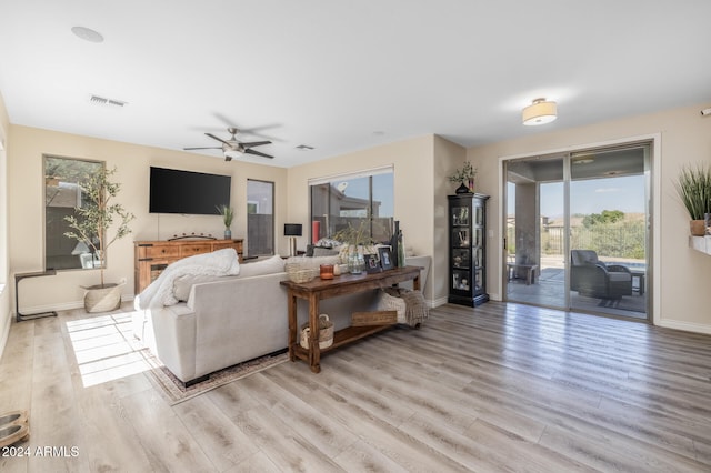 living room with ceiling fan and light wood-type flooring