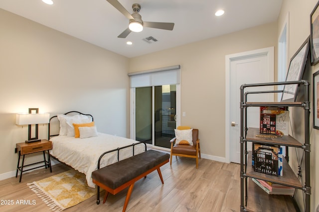 bedroom with visible vents, recessed lighting, light wood-style floors, and baseboards