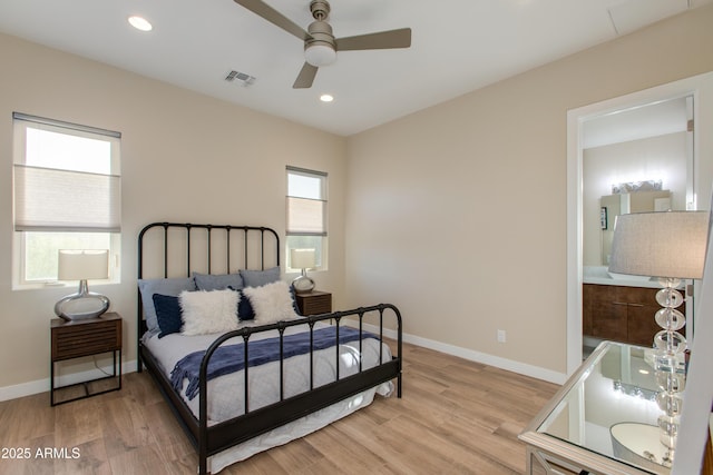 bedroom featuring visible vents, baseboards, ceiling fan, recessed lighting, and light wood-style flooring