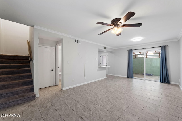 unfurnished living room featuring visible vents, stairs, baseboards, and ornamental molding