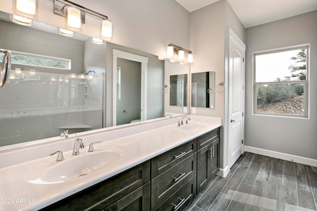 bathroom with plenty of natural light, wood-type flooring, dual sinks, and vanity with extensive cabinet space