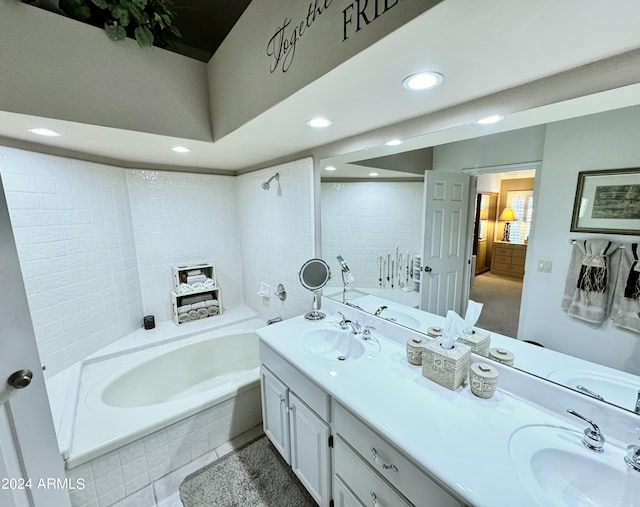 bathroom with double sink, tile flooring, and large vanity