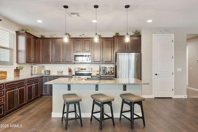kitchen featuring backsplash, stainless steel appliances, visible vents, and a sink