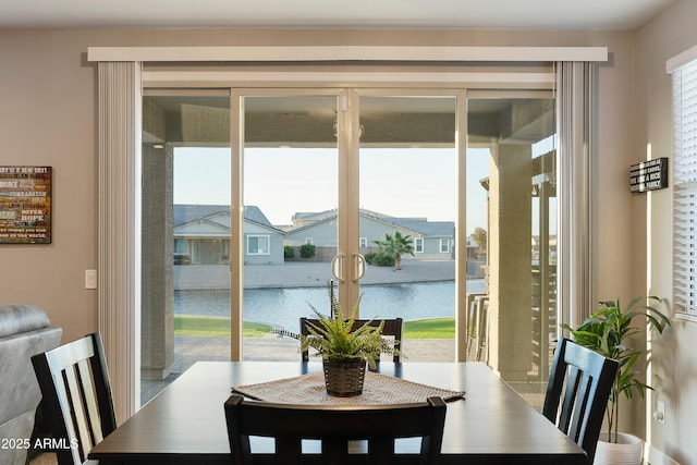 interior space featuring a water view