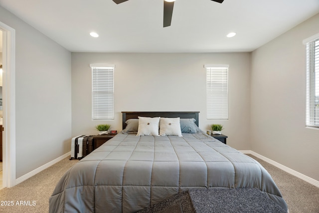 carpeted bedroom with baseboards, a ceiling fan, and recessed lighting