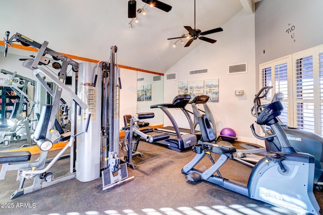 exercise room featuring high vaulted ceiling and ceiling fan