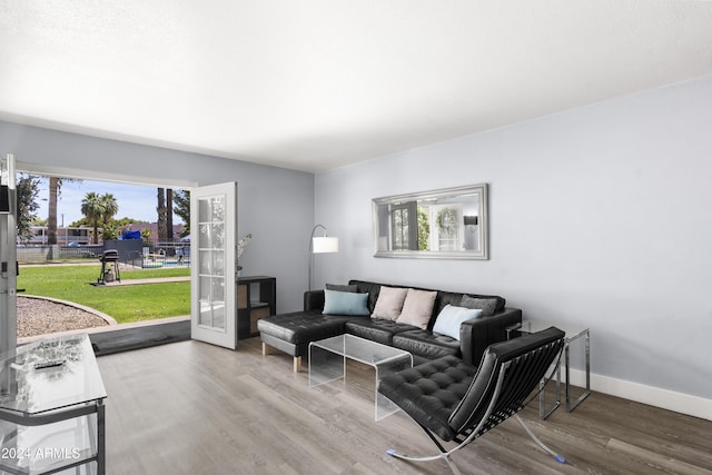 living room with french doors and wood-type flooring