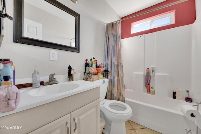 full bathroom featuring vanity, shower / tub combo, toilet, and tile patterned floors