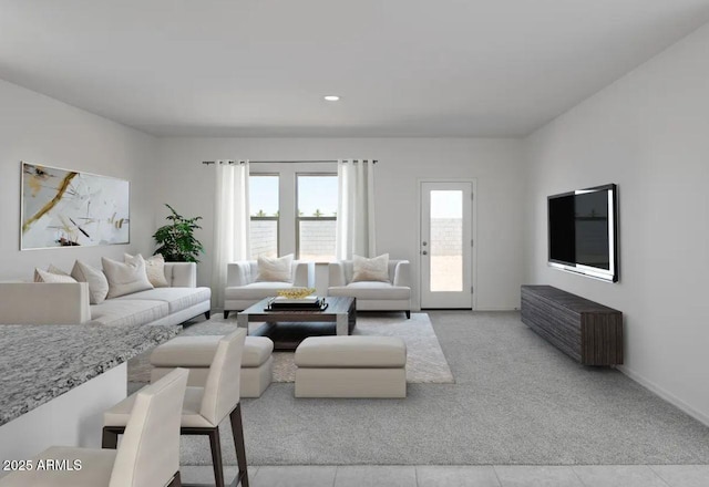 living area with recessed lighting, light carpet, and baseboards